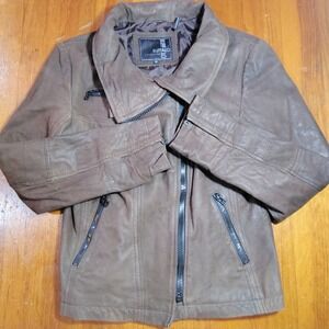 Buffalo Outerwear Brown Leather Moto Jacket Women Size M Zip Front‎ Collared